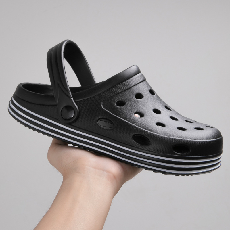 Men’s black EVA clogs with breathable holes and cushioned sole, side view