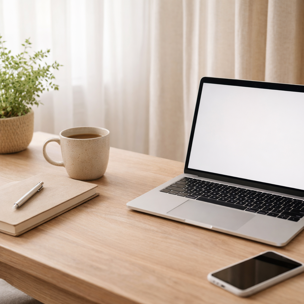 Cozy home office setup with a laptop, coffee mug, and natural light, creating a calm and comfortable workspace