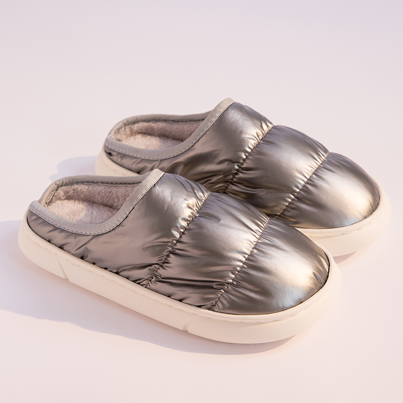 Grey unisex puffer winter slippers with cushioned sole for indoor comfort