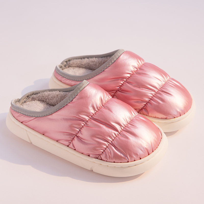 Pink unisex puffer winter slippers with cozy lining and soft sole