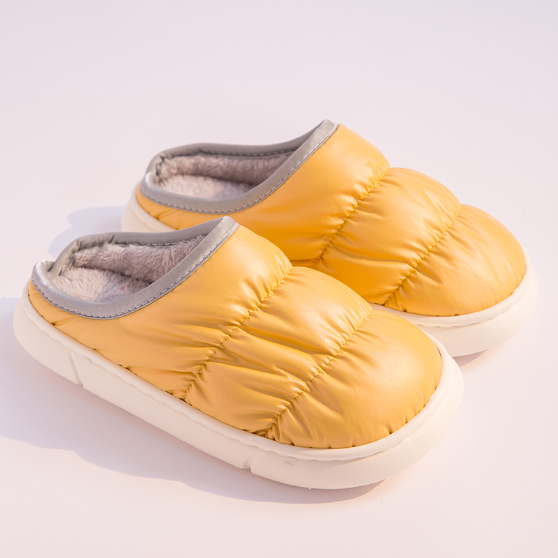 Yellow unisex puffer winter slippers lightweight and warm for indoor wear